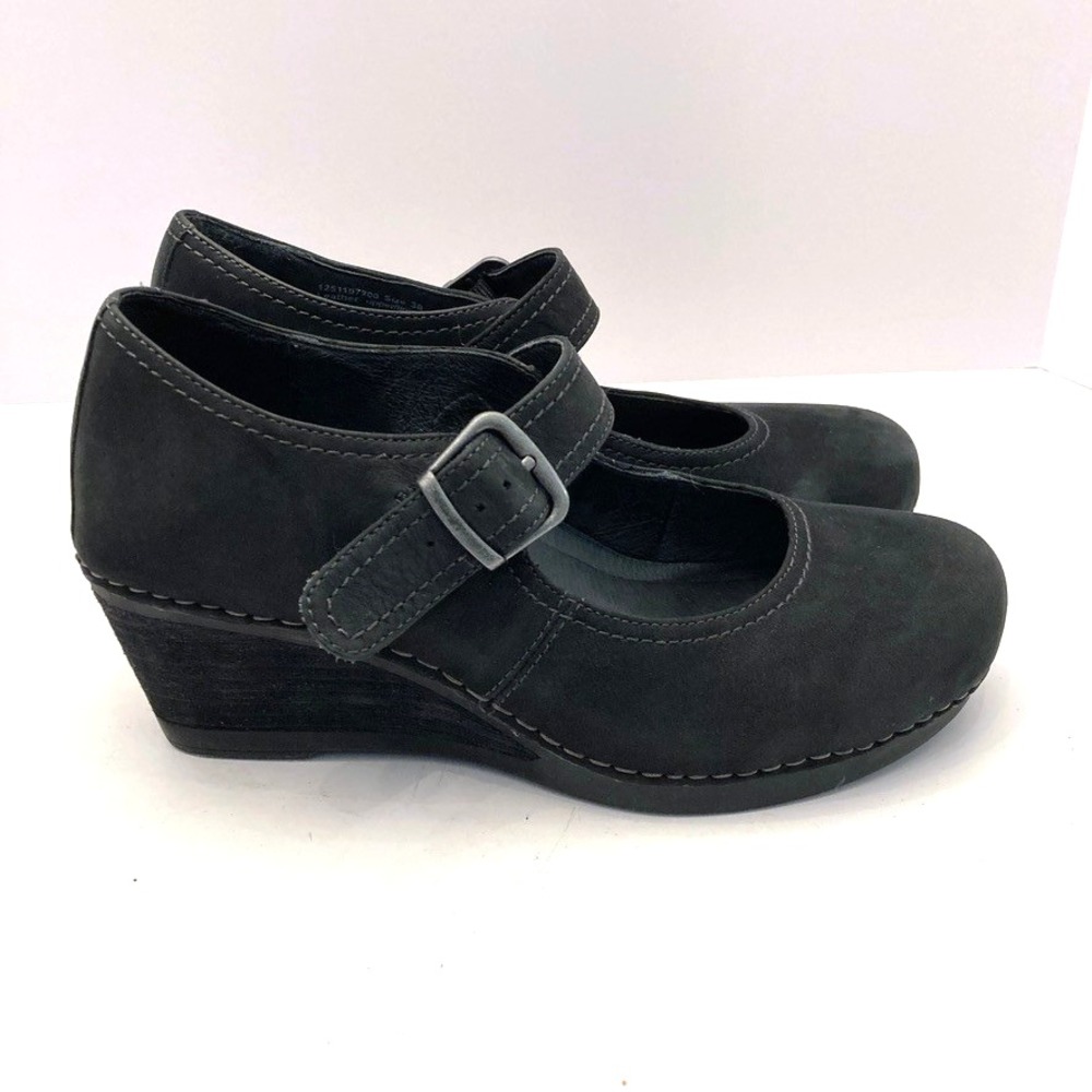 Dansko Sandra Black Nubuck Leather Wedge Heel Mary Jane Womens 7.5 EU38